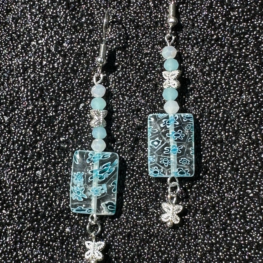 Handcrafted Light Blue, White and Clear Beads w Silver Accents Dangle Earrings